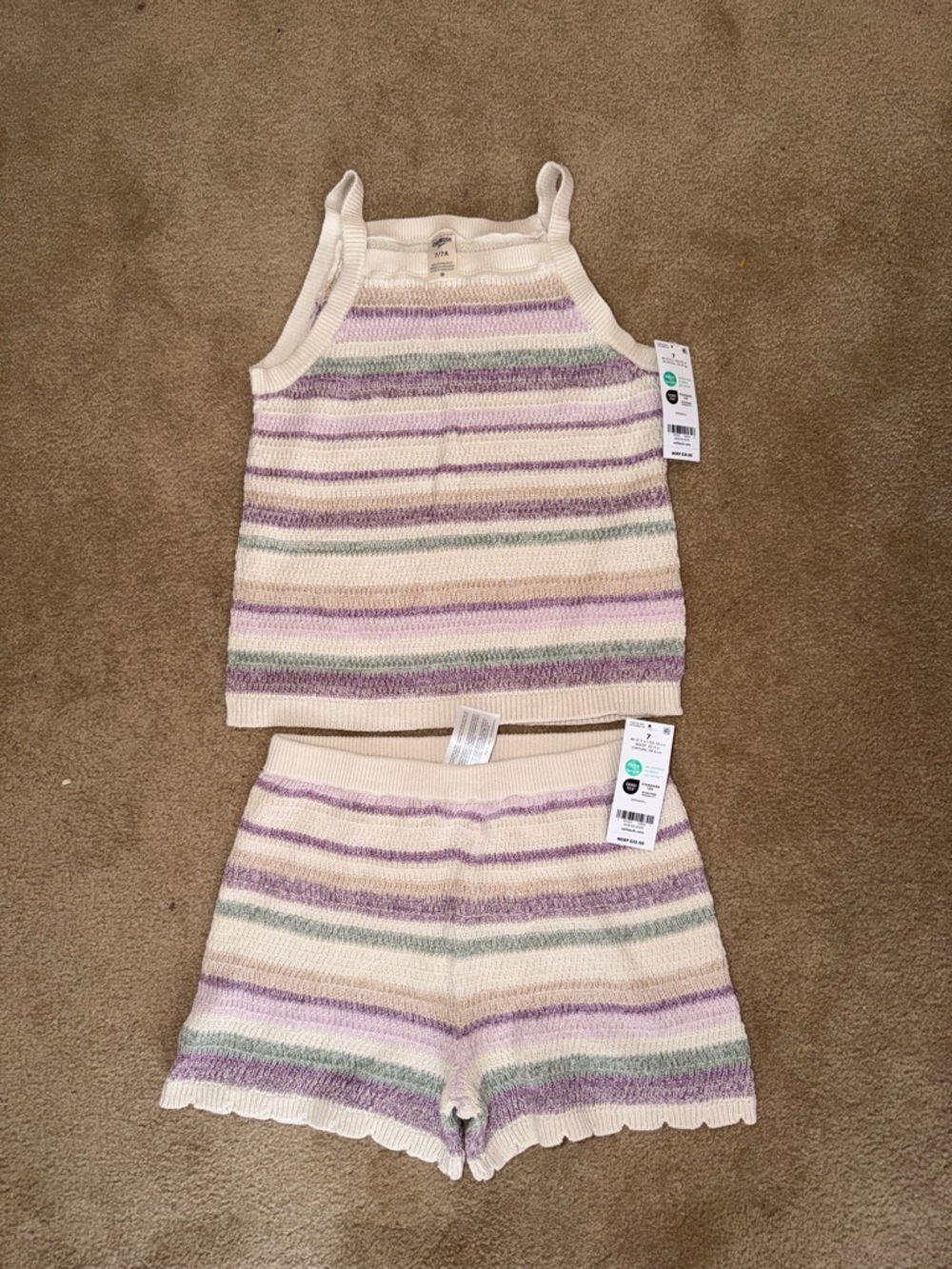 OshKosh B'gosh Cream Striped Knit Tank & Shorts Set with Lavender and Sage